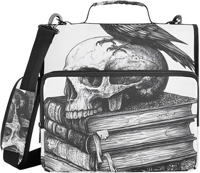 ALAZA Zipper Binder 3 Ring Book Skull Crow Binder Organizer with Zipper and Shoulder Strap Large Capacity Multi-Pocket Trapper Keeper File Folder for Office Supplies