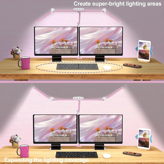 Architect Desk Lamp for Home Office, Pink Desk Lamp with Clamp for Working, 24W Bright Rotatable Led Table Light Stepless Dimming Tempering Wide Computer Light for Crafting Puzzle Hobby