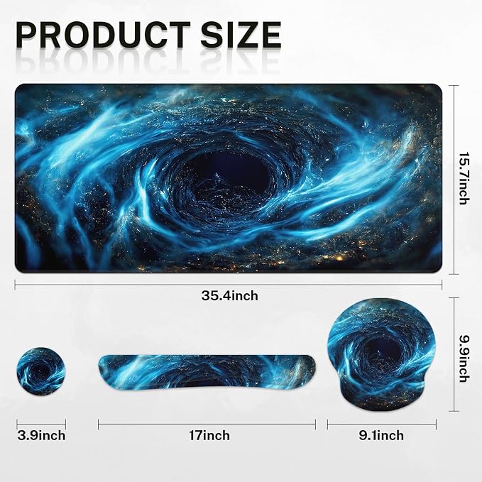 Keyboard Mouse Pad Set, 4 in 1 Desk Mat Set, Blue Black Galaxy | Large Mousepad+Keyboard Wrist Rest+Mouse Wrist Rest+Coaster Ergonomic Design for Home Office Computer