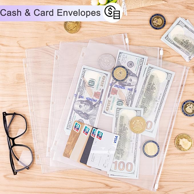8 Pack Clear Letter Size Binder Pockets 3 Ring Binder Zipper Pouch Document Organizer, Waterproof PVC 3-Hole Loose Leaf File Bags Insert Sleeves Page Sheet Protectors Business Office Supplies