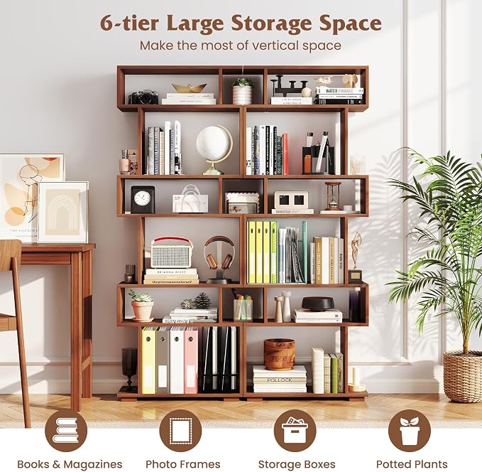 Tangkula 6-Tier S-Shaped Bookshelf, 64" Freestanding Geometric Bookcase, Home Office Wood Storage Shelf with Anti-Toppling Device, Room Divider Display Rack for Study, Living Room (2, Walnut)