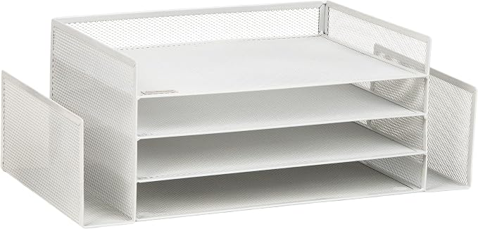 Mind Reader Desktop Organizer, File Storage, Paper Tray, Workspace, Office, Metal Mesh, 16.75"L x 9.15"W x 6"H, White