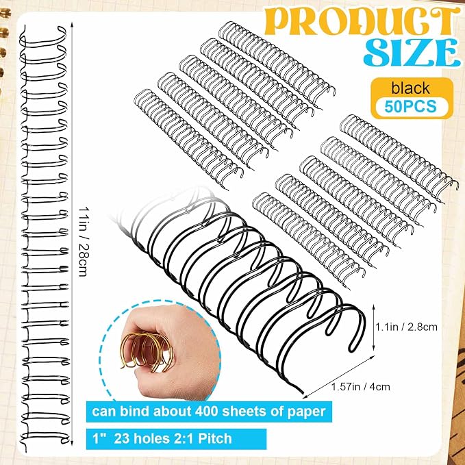 50 Pcs 1 Inch Metal Double Loop Cinch Binding Wires Bulk Double Spiral Binding Ring Coil Twin Spines Combs 2: 1 Pitch Cinch Machine Wire for Document Notebook File Making, Black