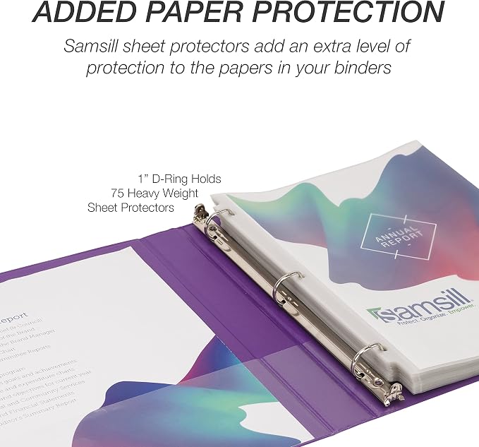 Samsill Durable 1 inch 3 Ring Binder, D Ring Binder, 100% Recycled Chipboard, Purple, 12 Pack