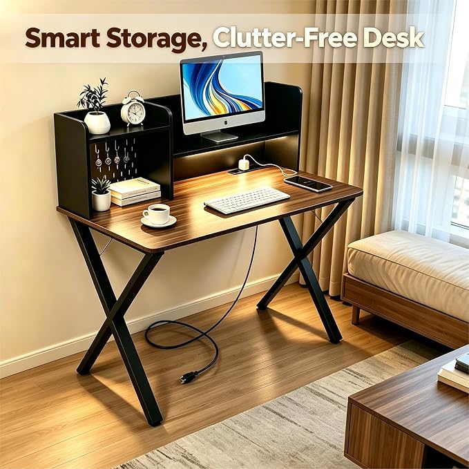 Lightdot 44" ×24" Black Home Office Computer Desk with Charging Ports, Study Gaming Desk with Hutch Pegboard & Motion Sensor Light, Student Writing Desk with Storage for Home Office Bedroom
