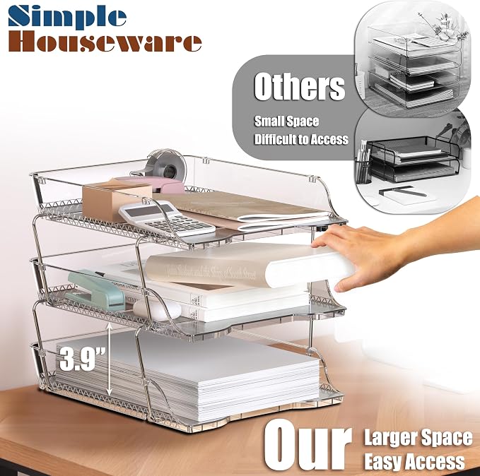 Simple Houseware 3-Tier Stackable Paper Tray for Desk Organizer, Clear | Desktop File Holder for A4/Letter Size Documents, File Sorter, Paper Holder, Office File & Accessories Storage
