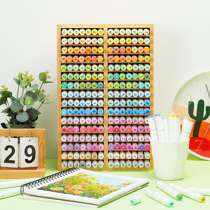 Ohuhu Bamboo Marker Organizer Hold 224 Markers for Honolulu Oahu Series | Markers Pens Pencils Stationary Organizer Holder Desktop Storage with 32 Compartments for Classroom Office Decor Home