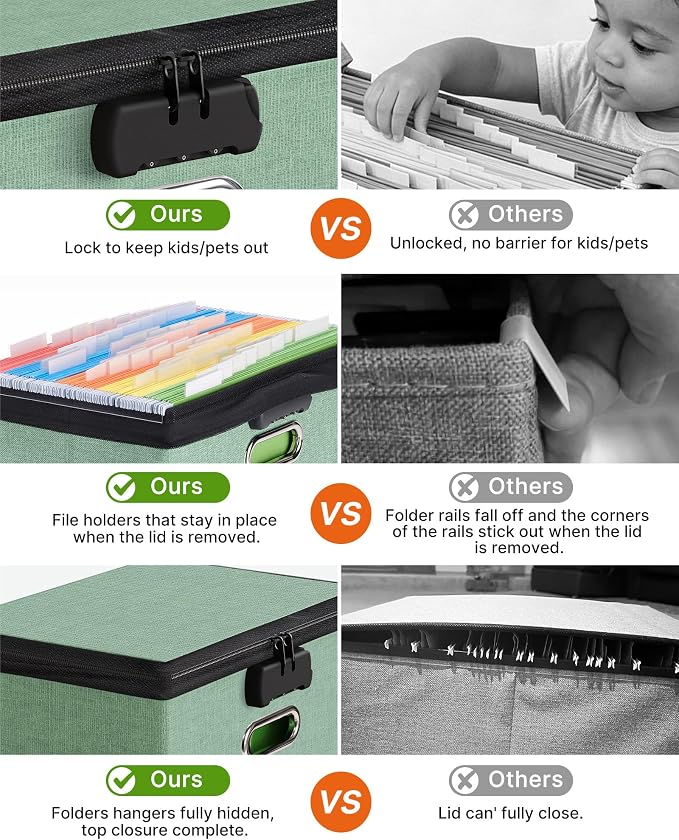 Oterri Lockable File Box Small 1-Pack Hanging Organizer for Letter-Size | Dustproof Lid. 3 Mesh Pockets. Collapsible Scratch-Resistant GRS Linen. Slide Rails. Office, Home, Dorm