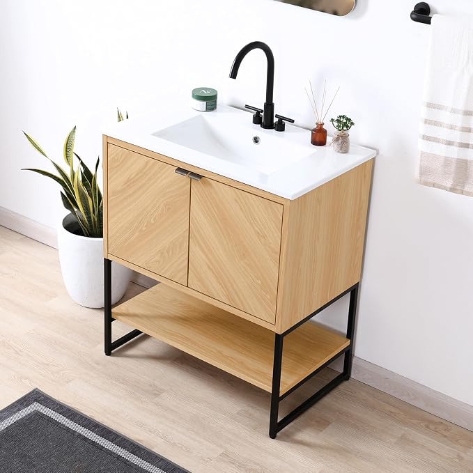 JONATHAN Y Juhl 30" Chevron Freestanding Bathroom Vanity Cabinet, Oak | Modern Minimalist Design, 18" Deep 33" Tall, 2 Soft-Close Doors, Interior And Open Shelves, Sink Not Included