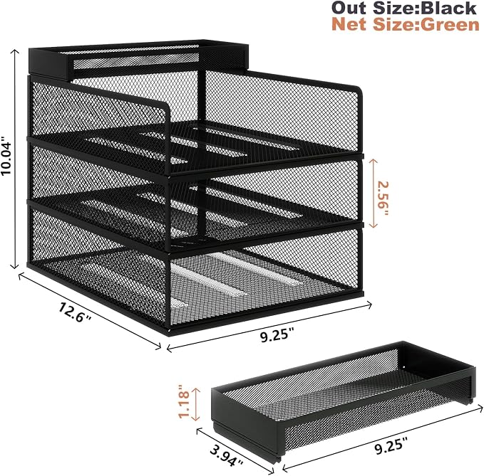 Natwind 3-Tier Stackable Metal Mesh Letter Paper Tray Organizer,Black | Desk Organizer For Paper,Document,Mail Tray For Office Supplies,File Holder For Home Office School Classroom Organization