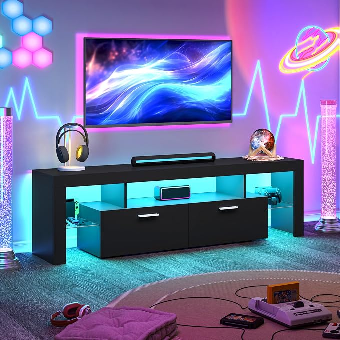 Clikuutory Modern Lighting 63 inch TV Stand with Large Storage Drawer for 50 55 60 65 70 75 Inch TVs, TV Console with 20 Color LED Lights, Entertainment Center Media and Open Shelf for Bedroom, Black