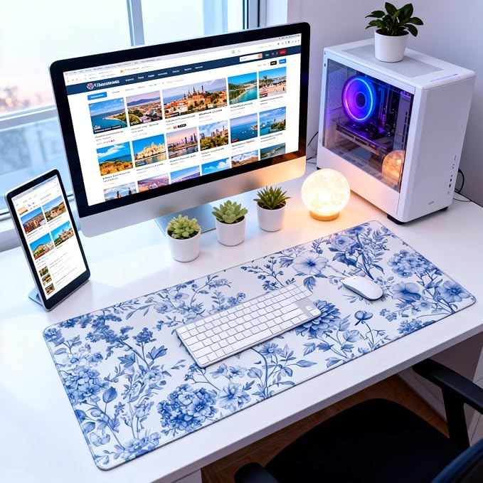 Floral Aesthetic Dahlia Gaming Mouse Pad, White Blue Chinoiserie Desk Mat with Anti-Slip Base & Stitched Edges,35.4" x 15.7" in Table Mat for Computer Desktop, Beautiful Workstation Decor