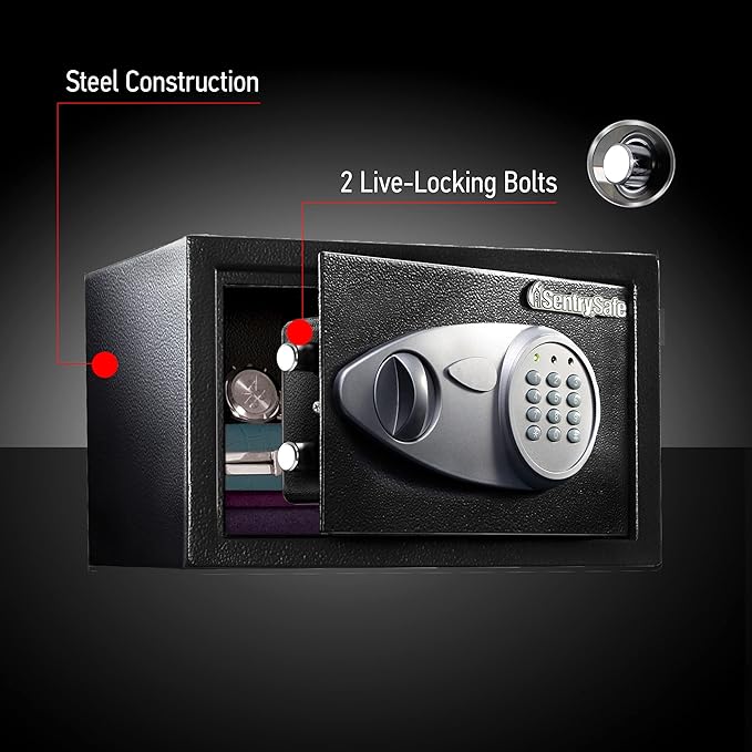 SentrySafe Safe with Digital Keypad Lock, Steel Safe with Interior Lining and Bolt Down Kit for Money, Jewelry, Electronics, 0.58 Cubic Feet, 8.7 x 13.8 x 9.7 Inches, X055 | Steel Safe With Interior Lining and Bolt Down Mounting Kit and Digital Keypad ...