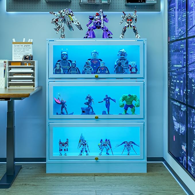 Display Cabinet with Acrylic Glass Doors,3-Tiers Curio Cabinet with LED Lighting for Collectibles, Collectibles Toy Organizers Rack & Display Shelf Display Case Storage Cabinet, White