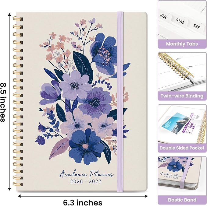 Academic Planner 2026-2027, Monthly & Weekly Jul 2026-Jun 2027 Planner | 6.3" x 8.5" Calendar Planner for Women, Hardcover Pretty Organizer for Women, School Office Home Supplies, Lavender Bunch