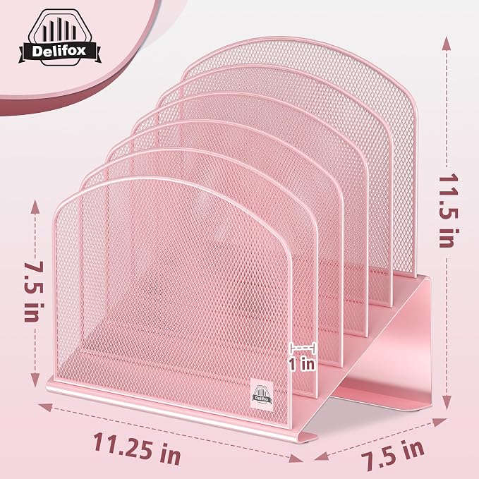 Delifox Inclined Desk File Organizer,Vertical File Folder Holder Stand Metal Rack File Sorter for Office Classroom Desktop Organization (1, Pink, 5)