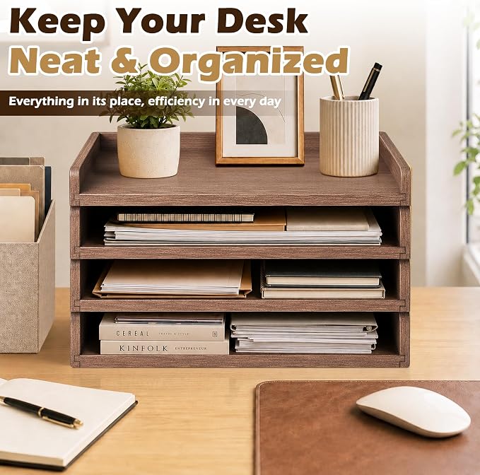4 Pack Stackable Paper Tray, Wooden Paper Tray Organizer with Letter Tray, Paper Holder for Desk, Desktop File Storage Rack for Study, Home and Office (Walnut)
