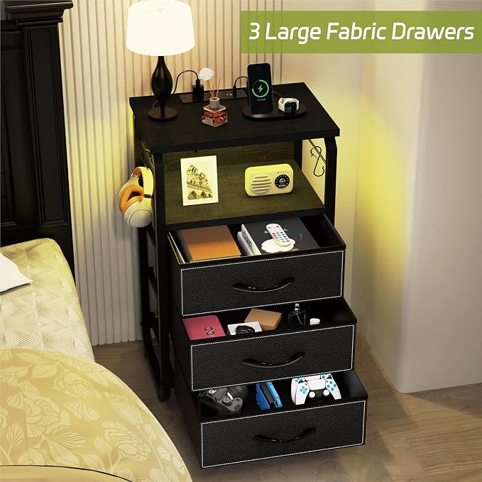 runjuly End Tables Set of 2 with Charging Station, LED Lights, Hooks, Black | 3 Large Fabric Drawers, USB C Ports & Power Outlets, Metal Night Stand Pair, Storage Nightstand for Living Room / Bedroom
