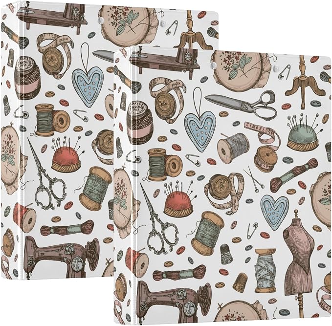 Hand Draw Retro Sewing Supplies Binder 1.5 Inch Binder with Clipboard&Pockets, Tailor Hardcover Binders 3 Ring Heavy Duty Large File Folder for Office School Supplies-Holds 200 Sheets, 2 Pack