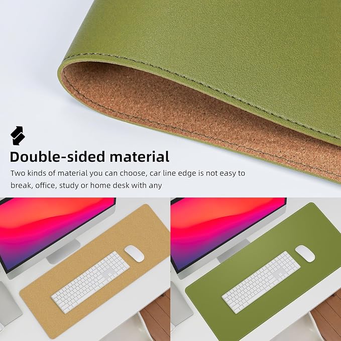 AFIING Leather Desk Pad Protector, Large Desk Mat with Natural Cork & PU Leather, Mouse Pad, Non-Slip, Waterproof Desk Writing Pad for Office and Home (Olive Green)
