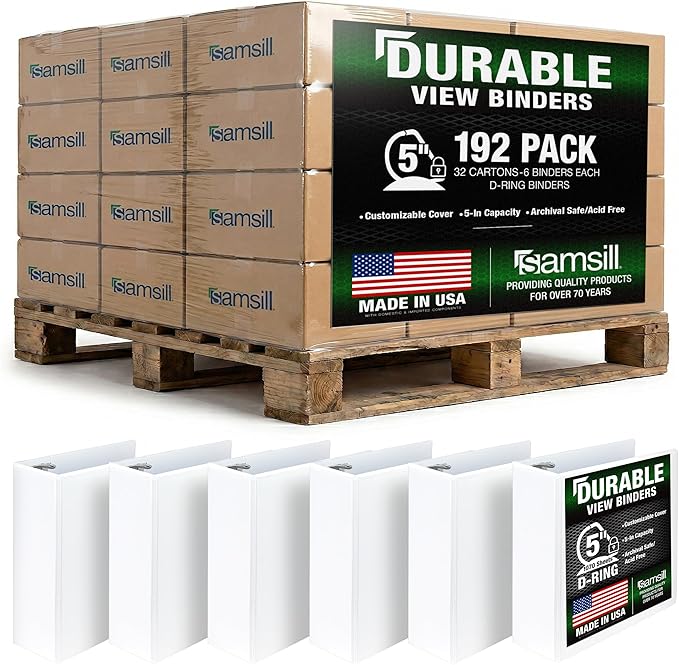 Samsill Durable 5 inch 3 Ring Binder, Locking D Ring 100% Recycled Chipboard, White, Pallet of 192 Binders in 32 Cartons