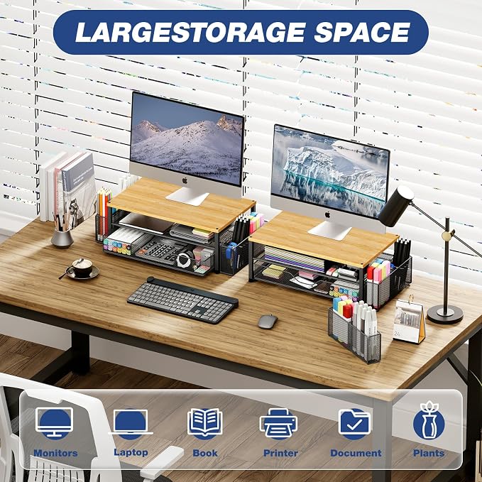 Desk Organizers and Accessories, Computer Monitor Stand Riser with Drawer and 2 Pen Holders, Printer & Laptop Stand, Office Desk Accessories & Workspace Organizers for Home Office Supplies, Oak