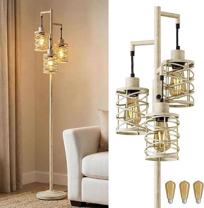 70" Industrial Floor Lamp, Stepless Dimmable Standing Lamp with 3 Bulbs, Farmhouse Corner Standing Tree Lamp for Living Room, Tall Lamps for Bedroom, Office, Dining Room, Antique Beige White