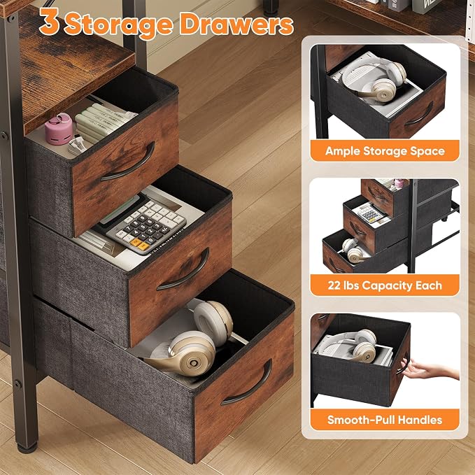 DUMOS L Shaped Desk with Drawers, Gaming Desk, 55 Inch | Power Outlet, Study Table, Adjustable Shelves, Home Office, Corner Computer Workstation, Bedroom, Rustic