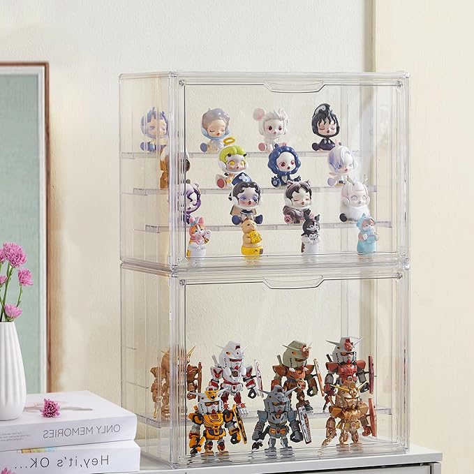 Acrylic Display Case for Collectibles, 4 Tier Figure Display Box | 3 Movable Dividers, Magnetic Door for Easy Access, Clear Showcase, Easy Assembly, Stable Stacking, Wide Handle, Dustproof