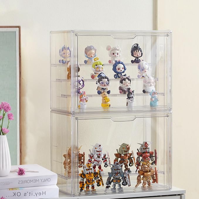 Acrylic Display Case for Collectibles, 4 Tier Figure Display Box, 2 Pack | 3 Movable Dividers, Magnetic Door for Easy Access, Clear Showcase, Easy Assembly, Stable Stacking, Wide Handle, Dustproof