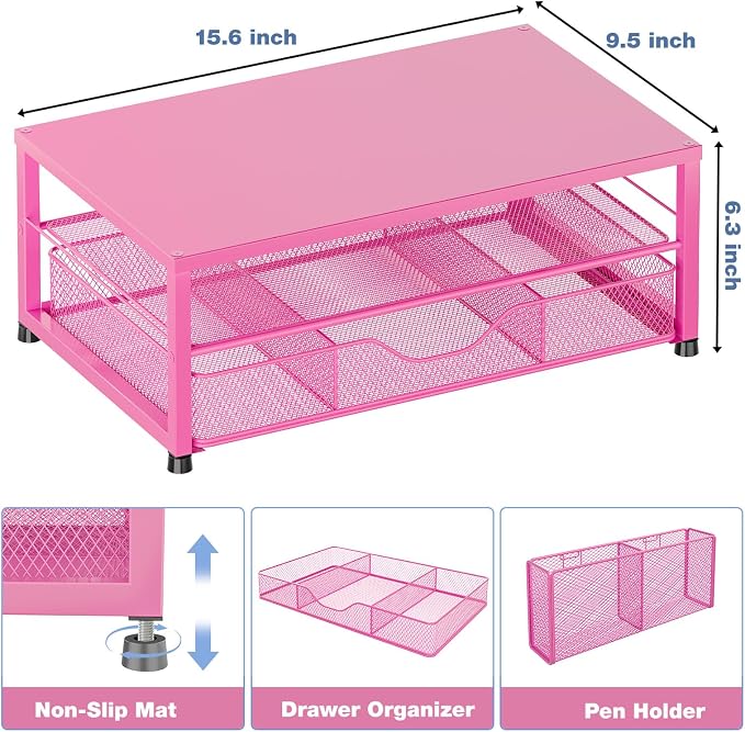 Desk Organizers and Accessories, Computer Monitor Stand Riser with Drawer and 2 Pen Holders, Printer & Laptop Stand, Office Desk Accessories & Workspace Organizers for Home Office Supplies, Carmine Rose