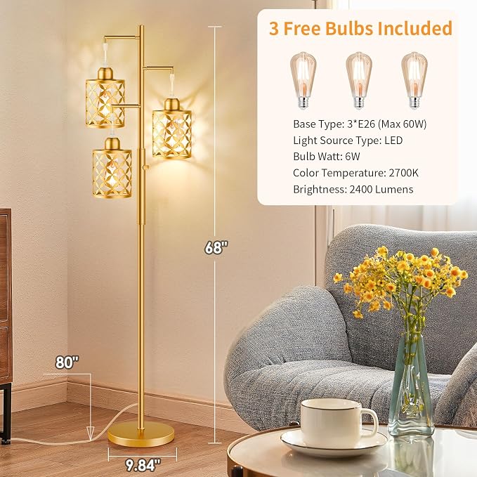 Dimmable Floor Lamp, Farmhouse Standing Lamp with Elegant Metal Cage, Industrial Tall Tree Floor Lamps for Living Room Bedroom Study Room Office, 3 x 800LM LED Bulbs Included - 68", Gold