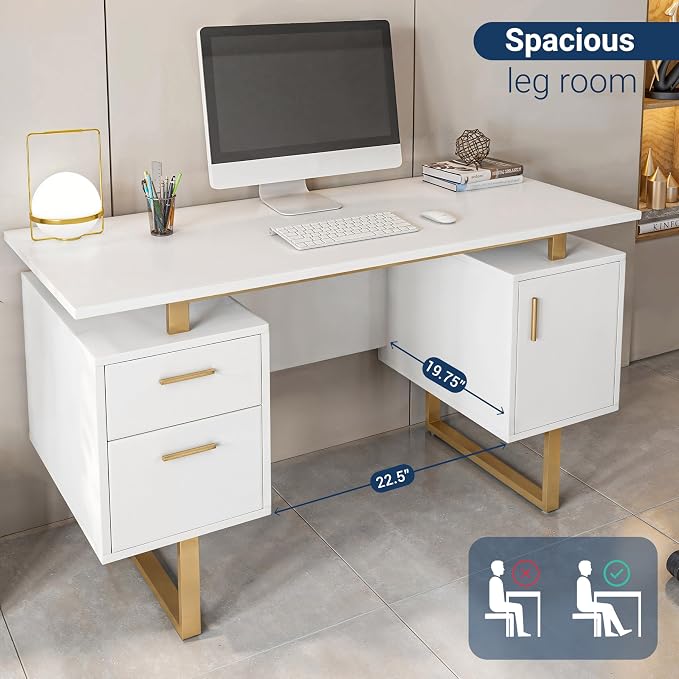 Techni Mobili 51"W Computer Desk w/ 2 Drawers & Storage Cabinet, White/Gold | Home office workstation, durable construction, everyday productivity, Ideal for home office, Workspace organization
