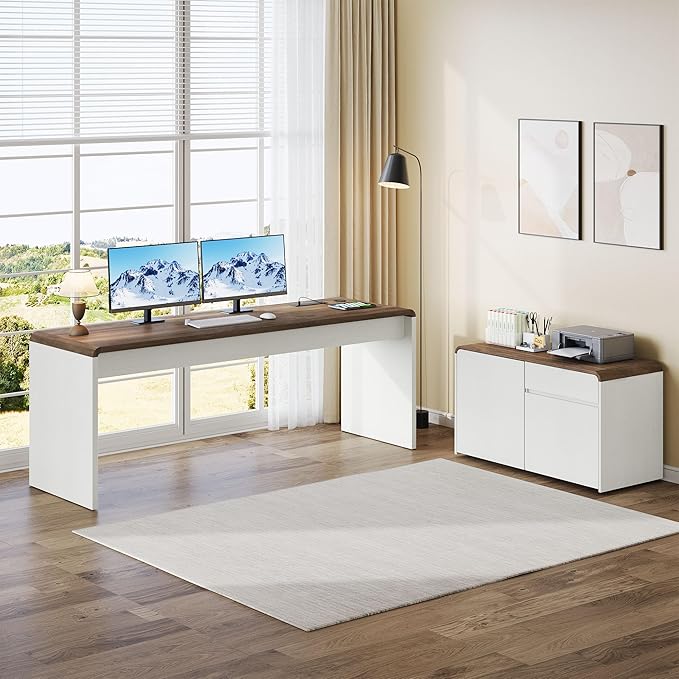 78" L-Shaped Desk with Mobile File Cabinet, White & Walnut | Mid-Century Executive L-Desk with Mobile File Cabinet, Drawers & Power Hub (4AC+2USB) Waterfall Edge. For Home Office