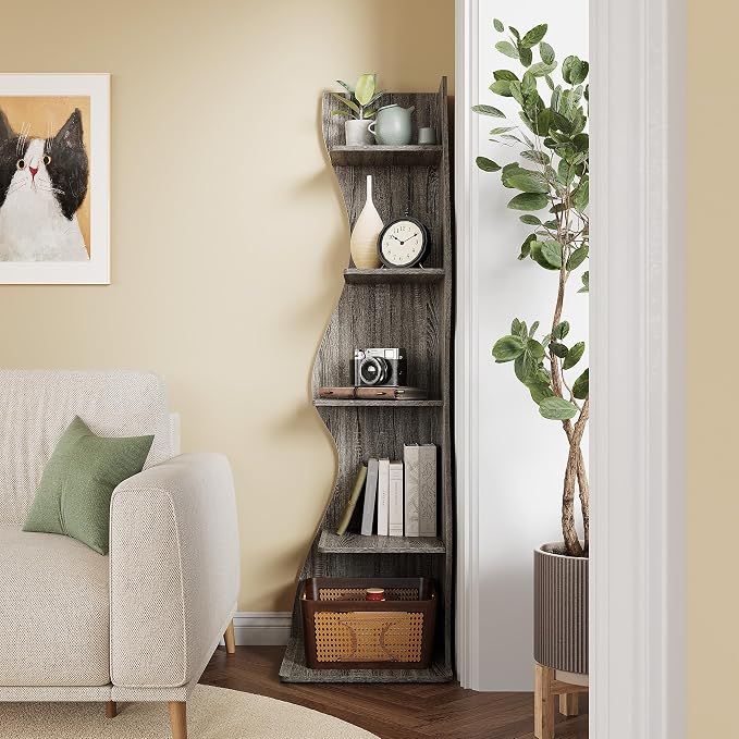 LITTLE TREE Small Corner Shelf, Modern 5-Tier Wall Corner Bookshelf, Stylish Bookcase Storage Rack for Small Space, Living Room, Bedroom