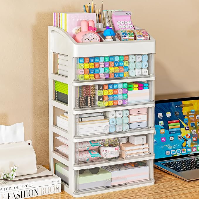 Desk Organizer with Drawers, 5 Drawers Storage Organizer, Desktop Storage Drawers for Office Supplies, Plastic Stationary Organizer, Makeup Organizer, Desk Storage Box for Office, School, Home