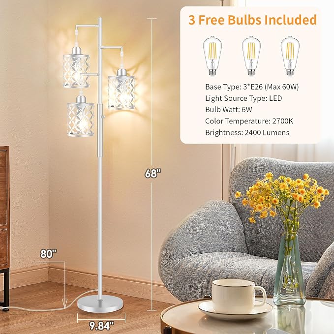 Dimmable Floor Lamp, Farmhouse Standing Lamp with Elegant Metal Cage, Industrial Tall Tree Floor Lamps for Living Room Bedroom Study Room Office, 3 x 800LM LED Bulbs Included - 68", Silver