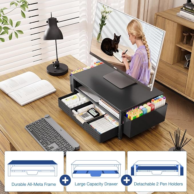 Desk Organizers and Accessories, Computer Monitor Stand Riser with Drawer and 2 Pen Holders, Printer & Laptop Stand, Office Desk Accessories & Workspace Organizers for Home Office Supplies, Black 2-Pack
