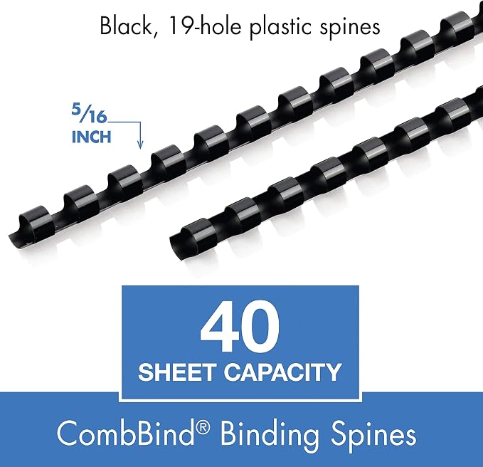 Mead CombBind Binding Spines/Spirals/Coils/Combs, 5/16", 40 Sheet Capacity, Black, 125 Pack (4000131)