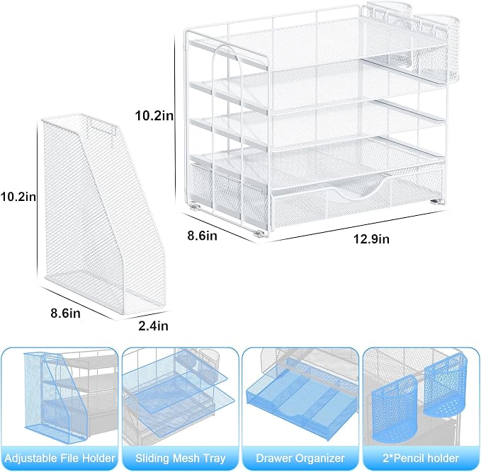 gianotter 5-Tier Desk Organizer with Drawers and File Holders | Letter Trays and Pen Holders - Workspace Accessories for Office Supplies (White)
