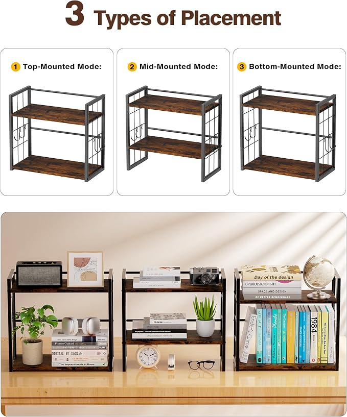 2-Tier Desktop Bookshelf, Desk Shelf Organizer, Rustic Brown | Adjustable Height & 3 Assembly Options, 4 Removable Hooks Provide Extra Storage for Supplies, Books & Home Decor