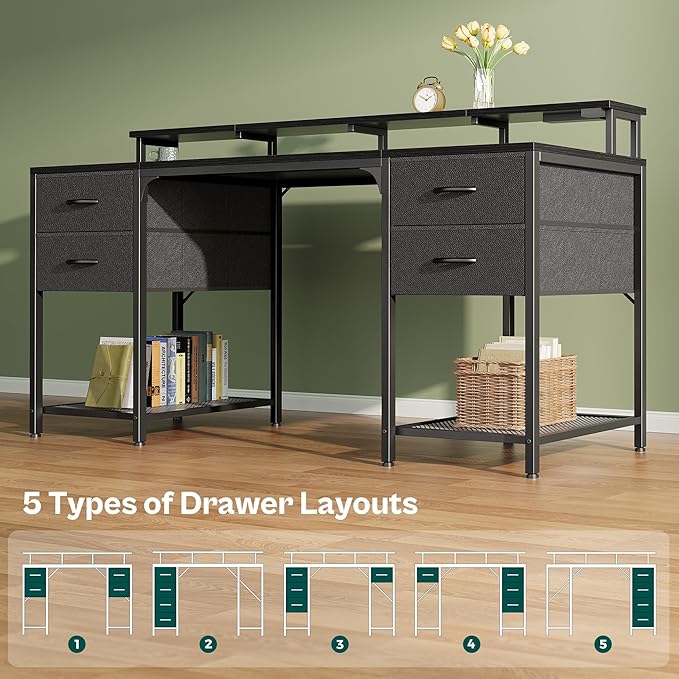 Huuger 63 inch Computer Desk with Power Outlets & 4 Drawers | Gaming Desk with LED Lights, Home Office Desk with Large Storage Space for Bedroom, Work from Home, Black