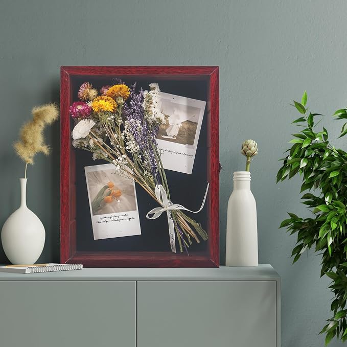 FramePro 11x14 Display Case with Adjustable Shelves Cherry, 4-Tier Memory Shadow Box for Wall, Deep Wooden Keepsake Display Shelf with Locking Door for Memorabilia, Photos, Medals, Wedding, Home Decor