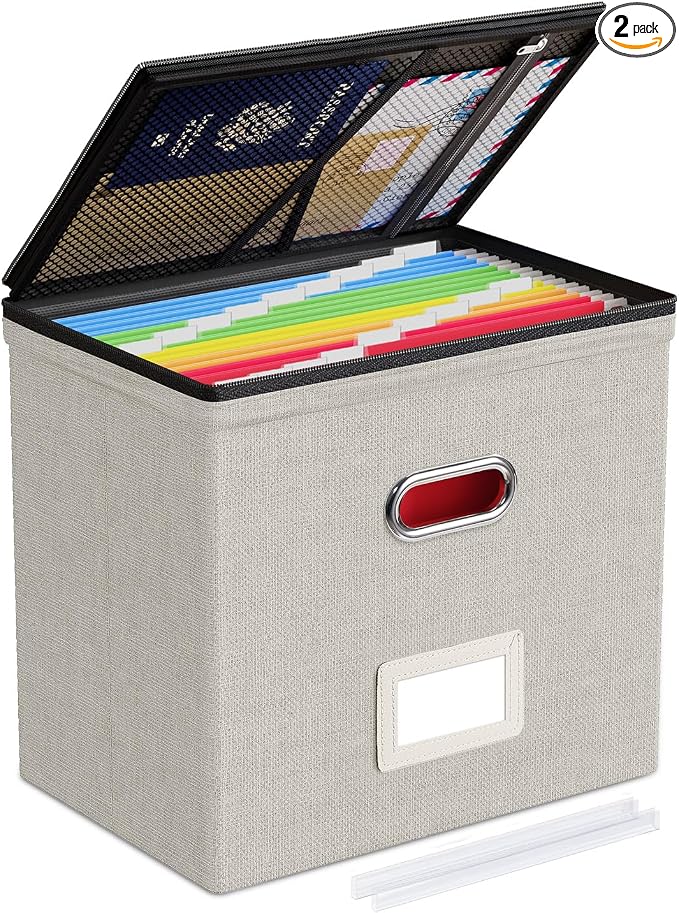Oterri File Box Small 1-Pack Mesh Pockets Hanging Organizer for Letter-Size | Dustproof Lid. 3 Mesh Pockets. Collapsible Scratch-Resistant GRS Linen. Slide Rails. Office, Home, Dorm