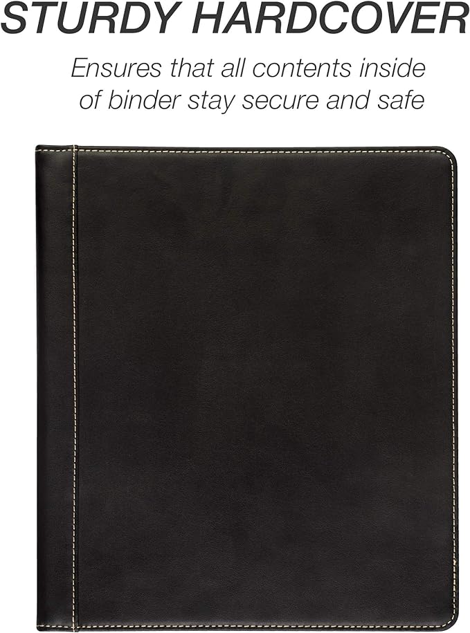 Samsill 0.5 Inch 3 Ring Binder, Leather, Black with Contrast Stitching, 8.5X 11 Inch, 3 Rings, Notebook Binder, Portfolio Organizer, Planner, Journal