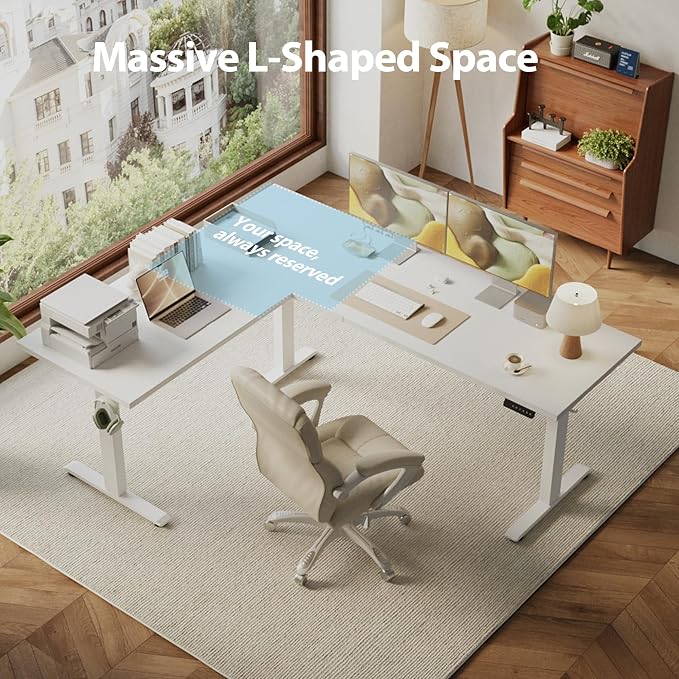 Agilestic 73 x 61 Inch L Shaped Electric Standing Desk, White | Tripple Motor, Corner Desk, Ample Workspace, Memory Presets, Hooks, Stable Steel Frame, 264 lbs, Splice Board