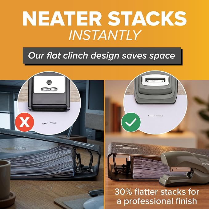 Bostitch Heavy Duty Compact Stapler, 40-Sheet Capacity, No-Jam Technology, Flat Clinch Design, Half-Strip Desktop Stapler, Gray