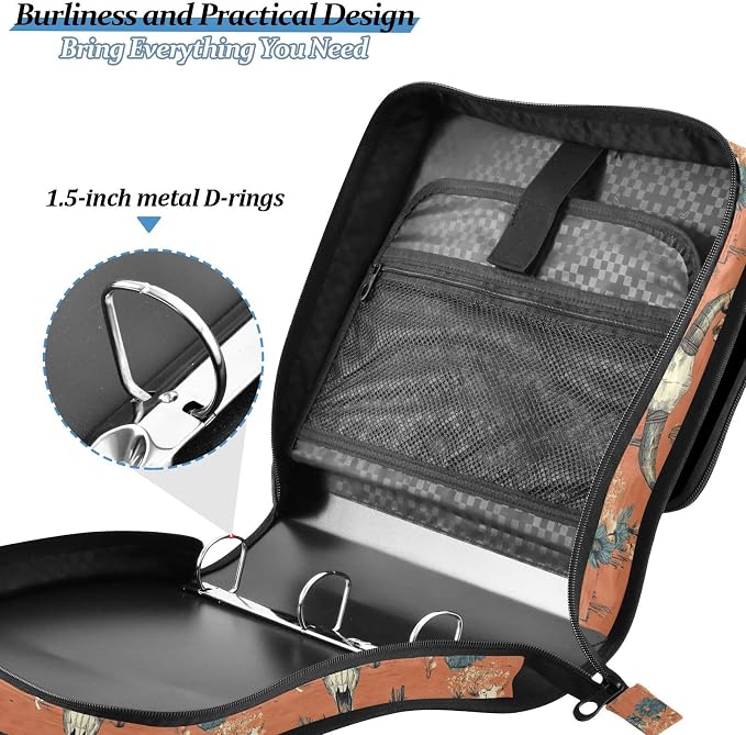 Western Desert Boho Cow Skulls Zipper Binder with Shoulder Strap Trapper Keeper 3 Ring Binder Organizer Large Capacity Multiple Compartments for School Office