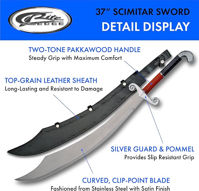 SZCO Scimitar Sword with Sheath – 37" Stainless Steel Arabian Sword for Adults with Pakkawood Handle, Silver Guard, and Sheath for Collectors, Cosplay & Display