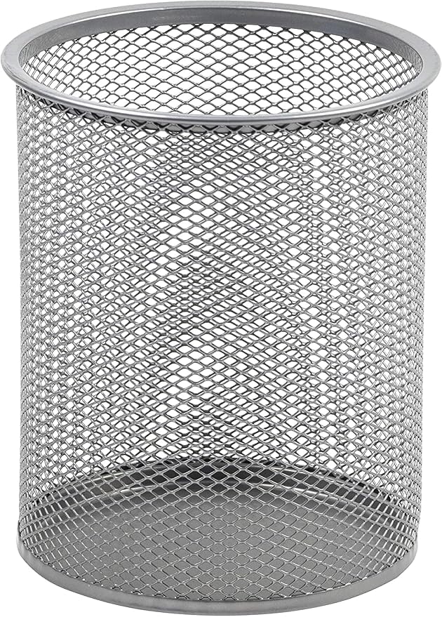 YBM HOME Office Round Desk Steel Mesh Pencil Cup Pen Holder Silver, 2210-2374 (24, Small)